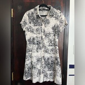 White Black Linen Blend Button Shirt Dress with Toile Print